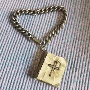 Vintage Christian Bible Cross Religion keepsake Box Bracelet With 1st Rosary